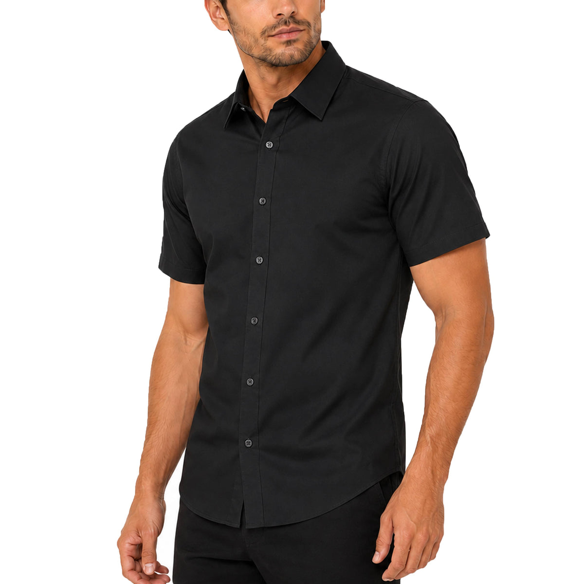 Galaxy By Harvic - Men’s Short Sleeve Classic Stretch Dress Shirts (S–3XL): Black, S