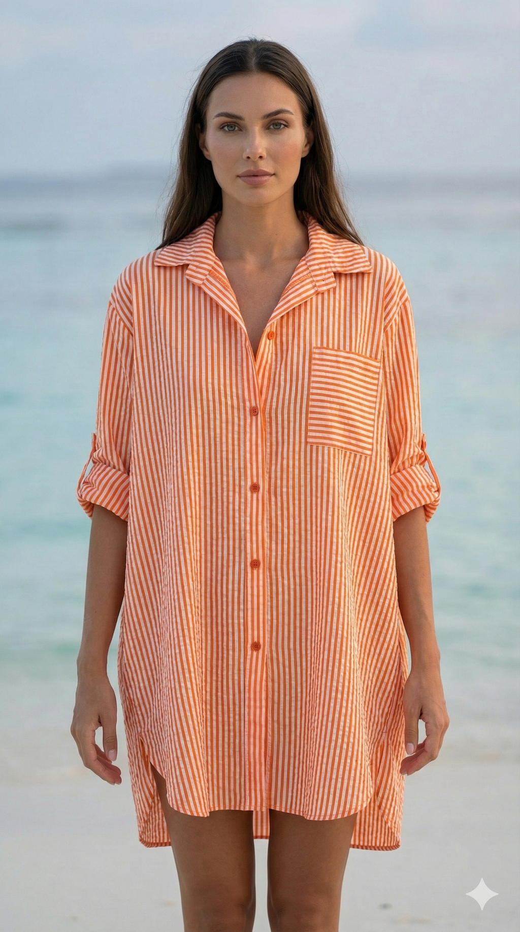 LOOWIE Italian Orange Striped Cotton Shirt Dress
