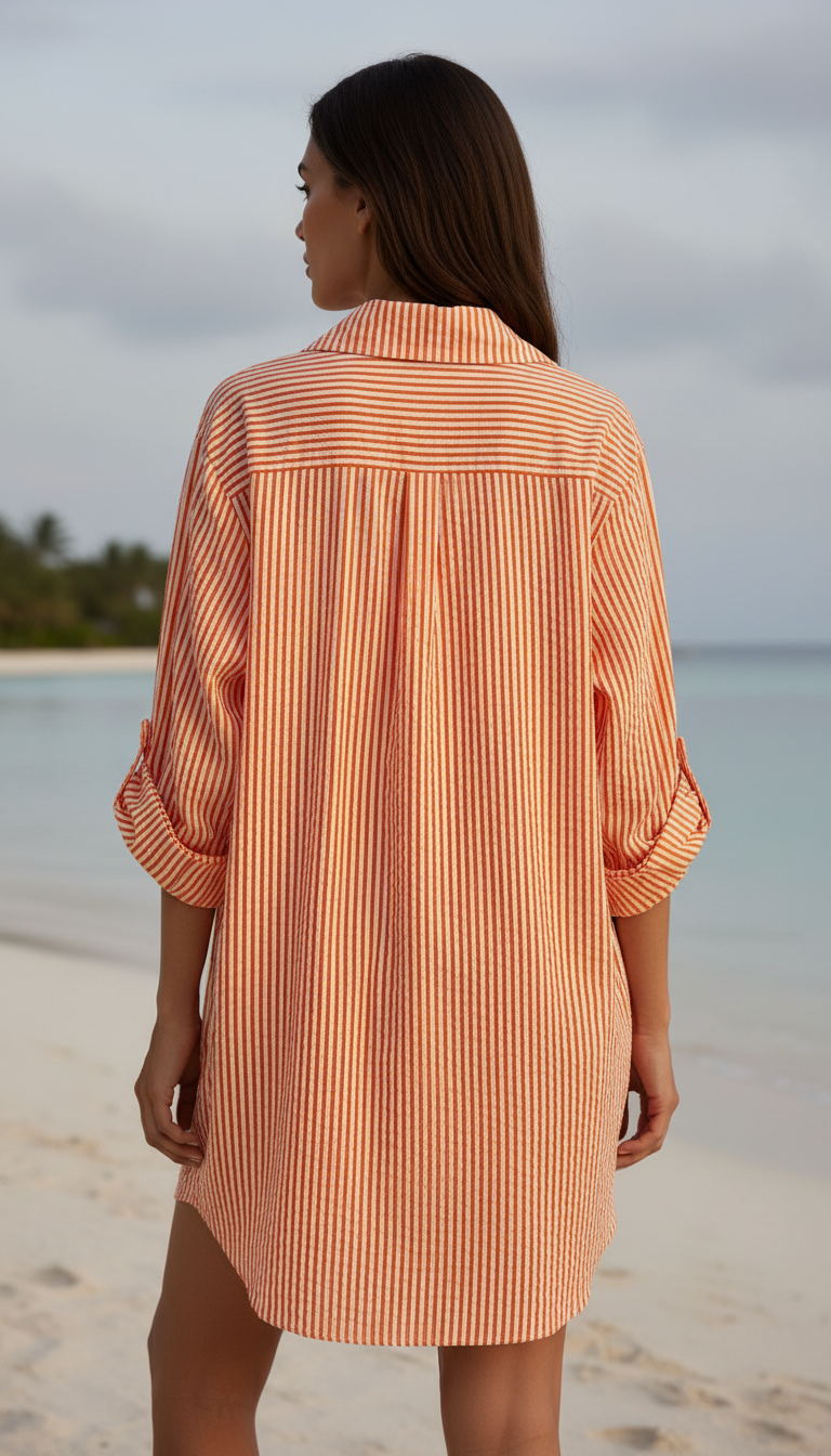 LOOWIE Italian Orange Striped Cotton Shirt Dress