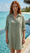 Loowie Italian OS Sage Green Cotton Button-Down Shirt Dress