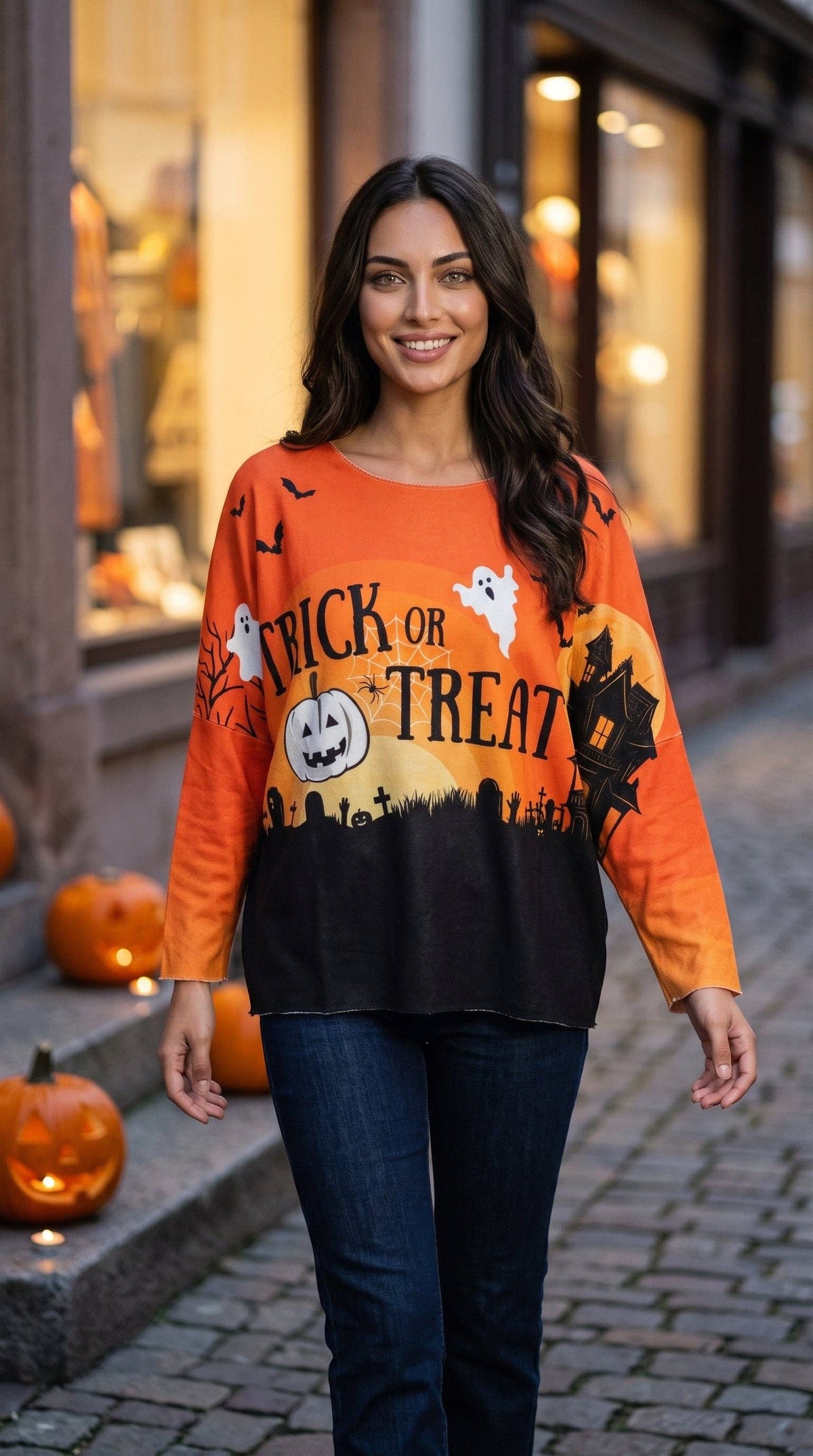 LOOWIE - Orange Cosy Halloween Treat Printed Sweater