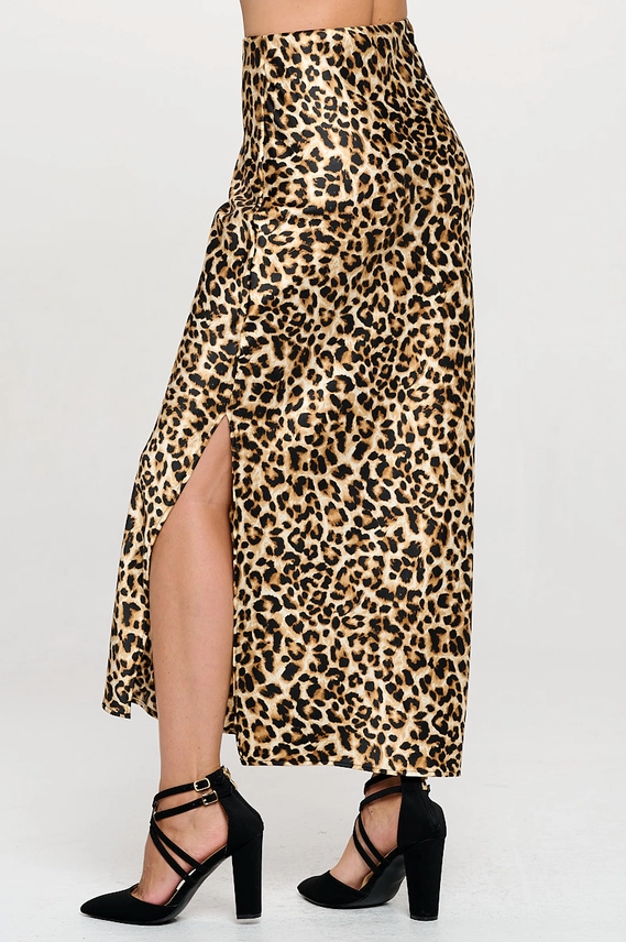 RENEE C. Leopard Print Silky Satin Maxi Skirt