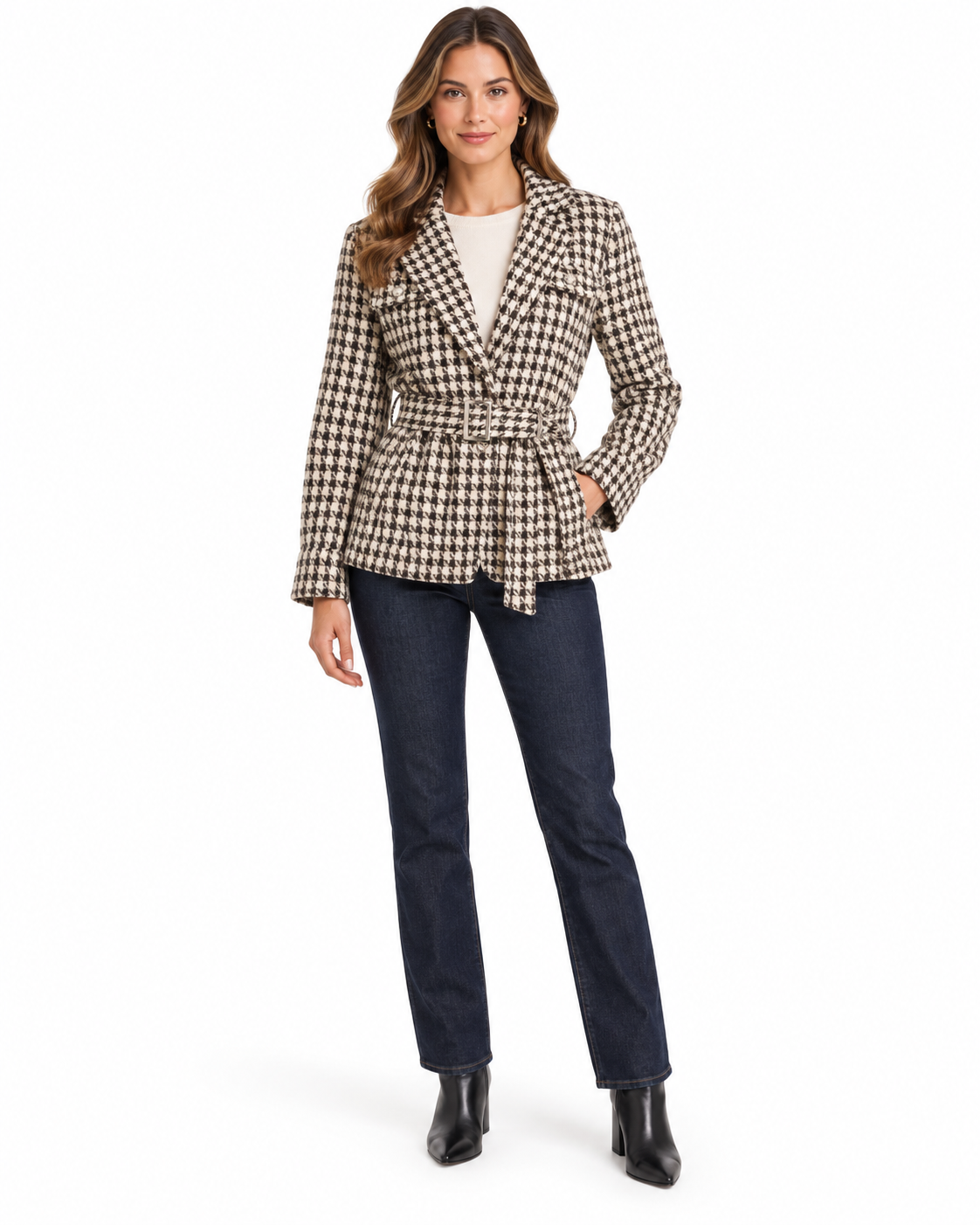 CIEN Brown Houndstooth Belted Tweed Jacket