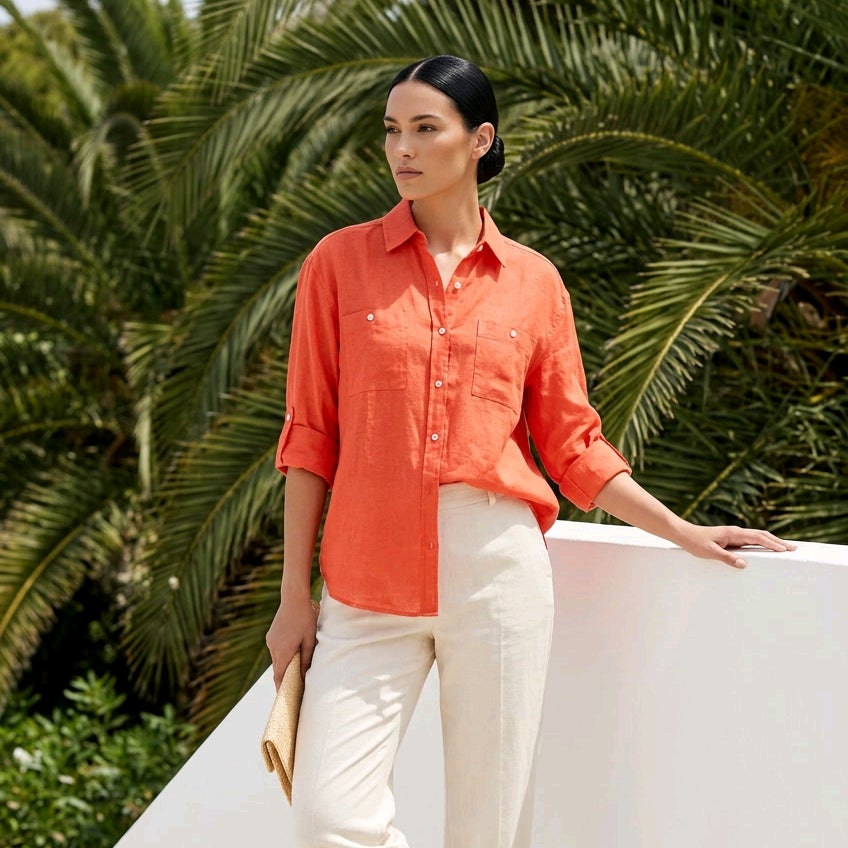 LYSSE Linen Utility Shirt with Rose Roll Tab by Lyss