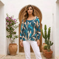 LOOWIE -  Teal Leaves Round Neck Knit Printed Sweater