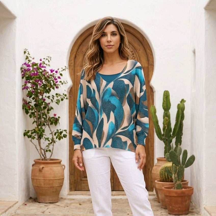 LOOWIE -  Teal Leaves Round Neck Knit Printed Sweater