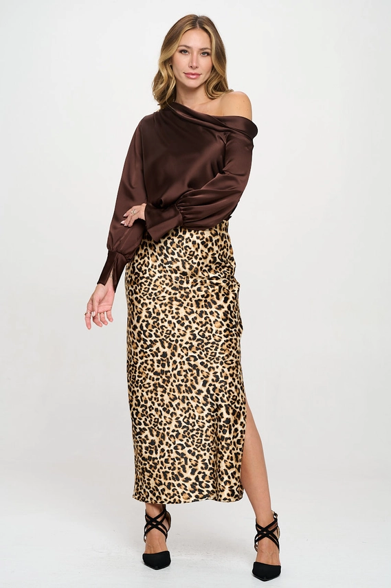 RENEE C. Leopard Print Silky Satin Maxi Skirt