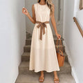 Dewy Rose- Sleeveless Bow Belt Midi Dress Elegant A-Line Summer Dress: Apricot.