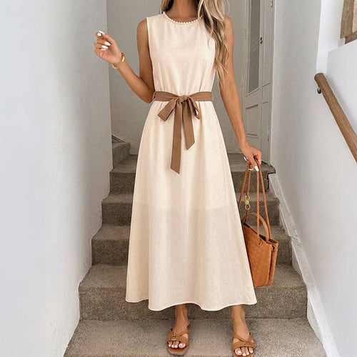 Dewy Rose- Sleeveless Bow Belt Midi Dress Elegant A-Line Summer Dress: Apricot.