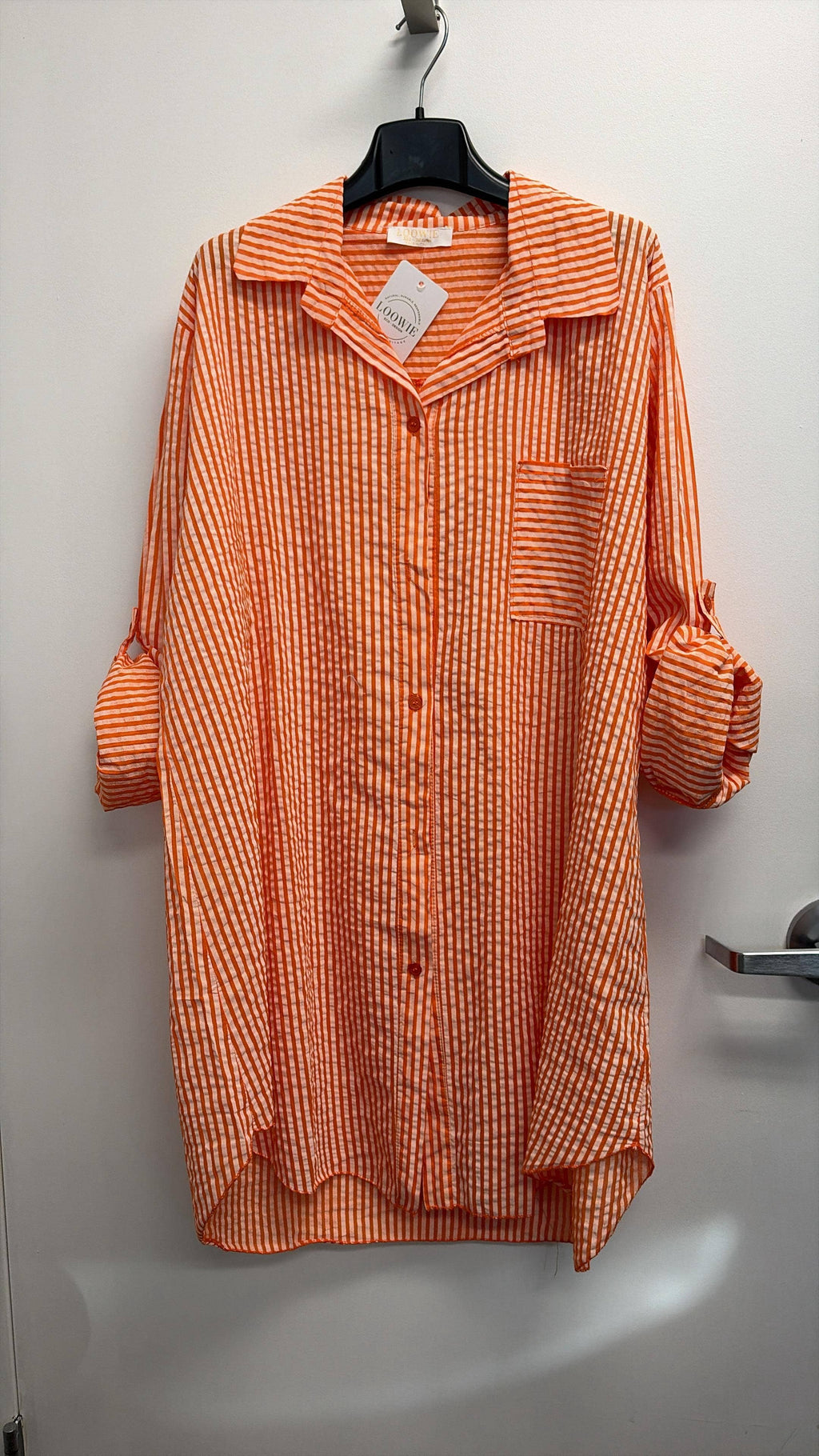 LOOWIE Italian Orange Striped Cotton Shirt Dress