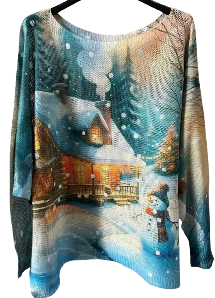 LOOWIE - Blue Snowman Christmas Round Knit Printed Sweater