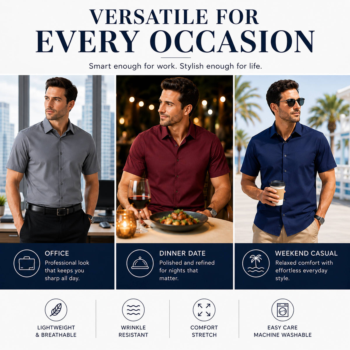 Galaxy By Harvic - Men’s Short Sleeve Classic Stretch Dress Shirts (S–3XL): Black, S