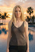 LOOWIE Italian S/M Chocolate Shimmer Knit V-Neck Tank Top