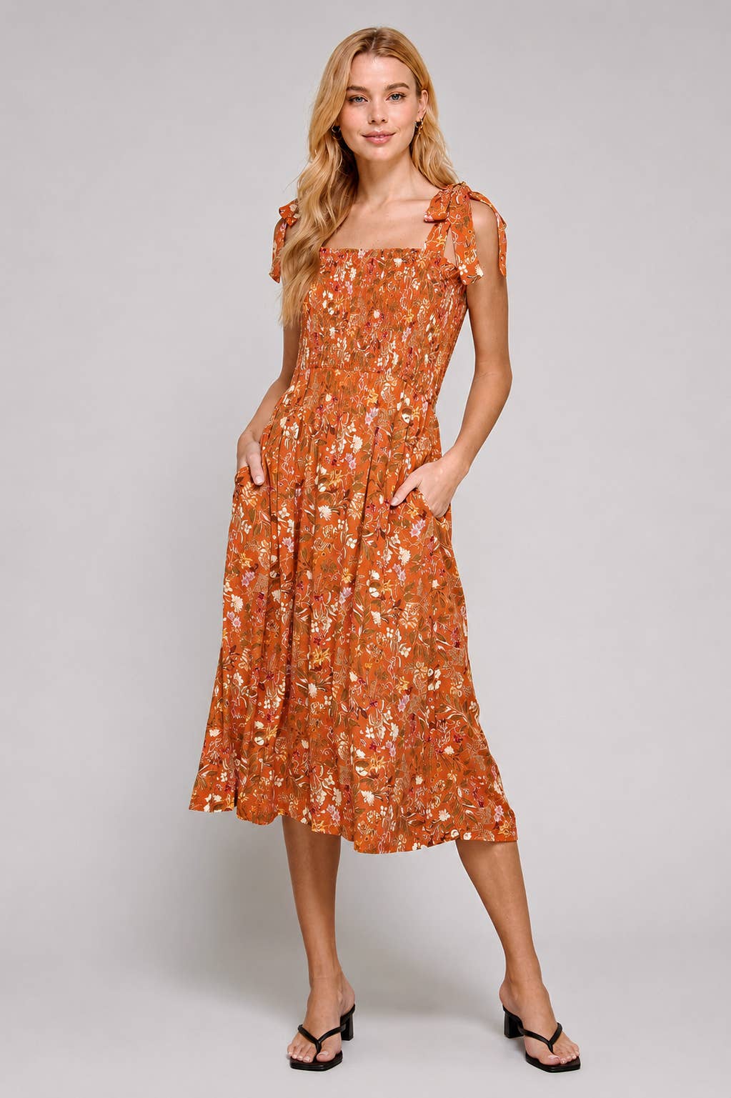 Sweet Lemon - Sunfable Tie Shoulder Strap Maxi Dress: Burnt Orange